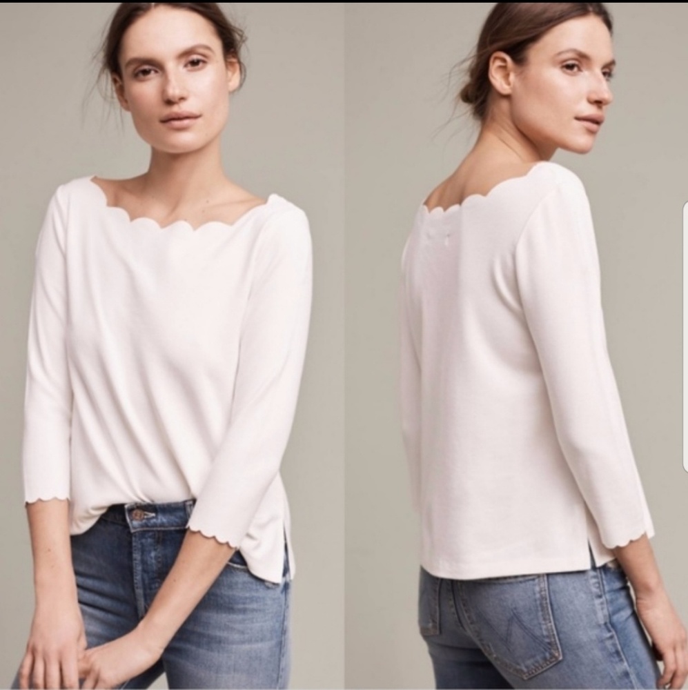 Anthro Eri Ali M Top Scalloped Neck Ivory PAULINA - Picture 1 of 8